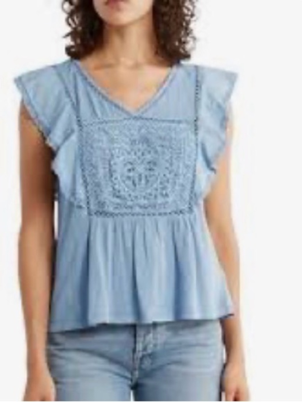 Lucky Brand Light Blue Lace-Panel Flutter Top large